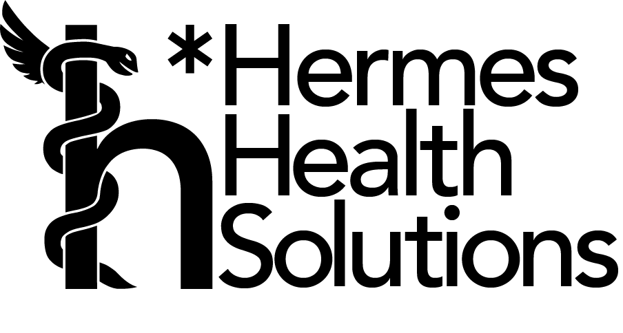 Hermes Health Solutions wordmark and logo, a lowercase h with a winged snake constricting the vertical bar of the h